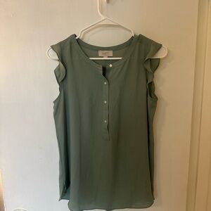LOFT Sleeveless Ruffle Henley Top in Sage Green